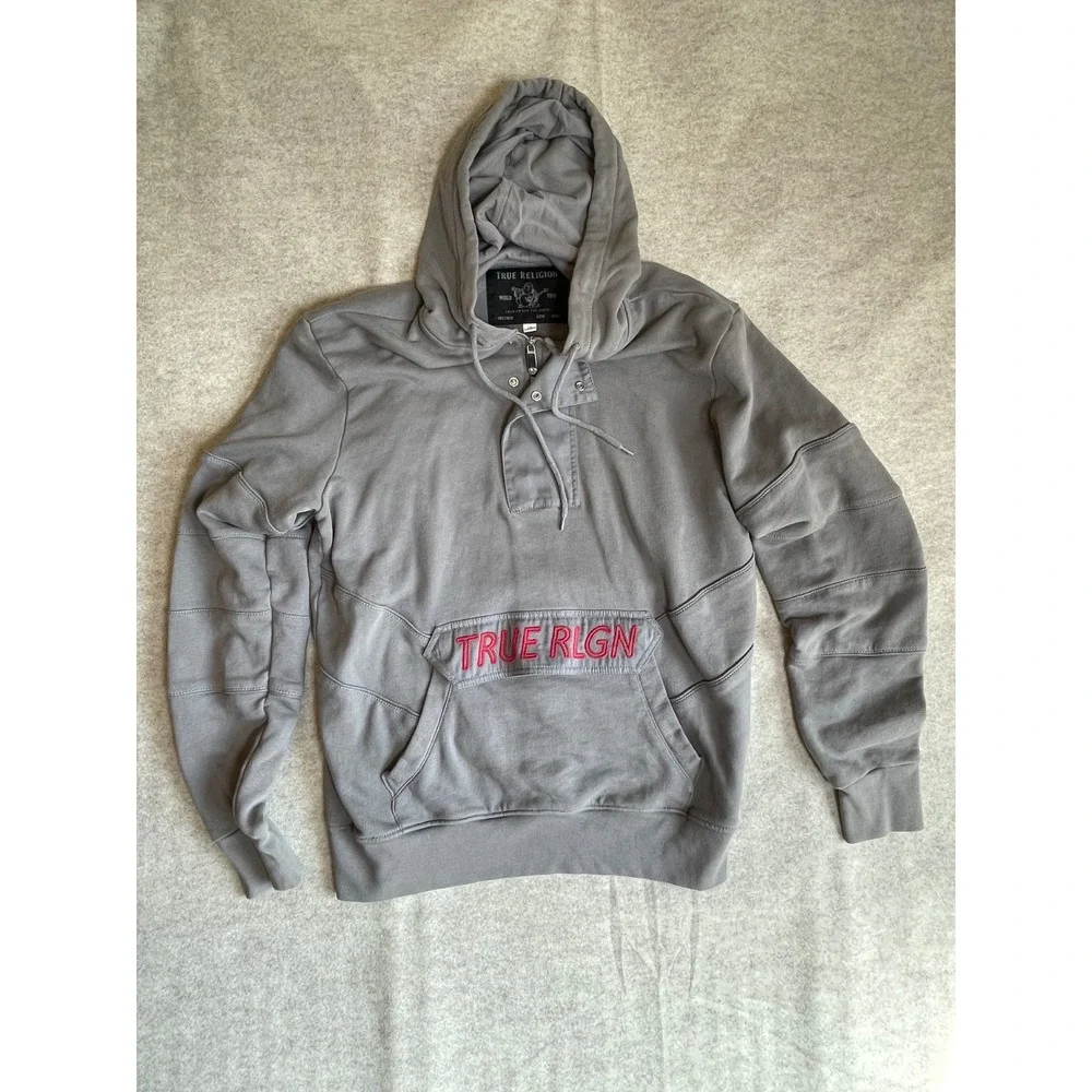 True Religion Mens Gray Moto Embroidered Logo Partial Zip Hoodie Large